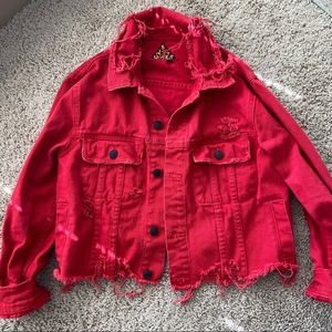 Red Distressed Cropped Jean Jacket